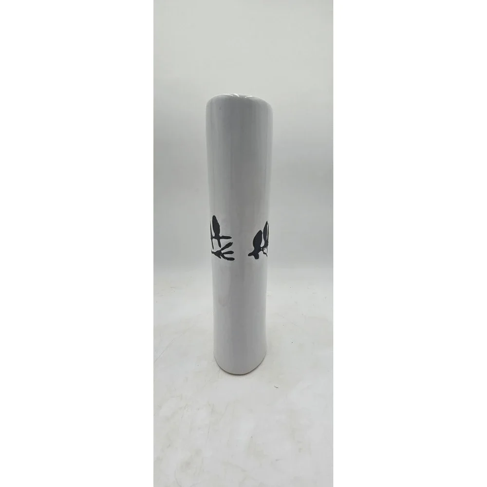 White Ceramic Oval Bud Vase Black Birds on Branch Silhouette Modern